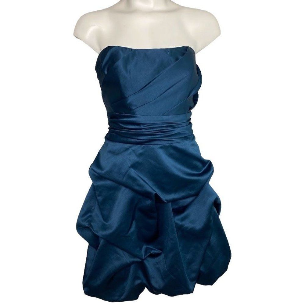 David Bridal Blue Strapless Pick Up Pleated Bodice Satin Dress Sz 6
